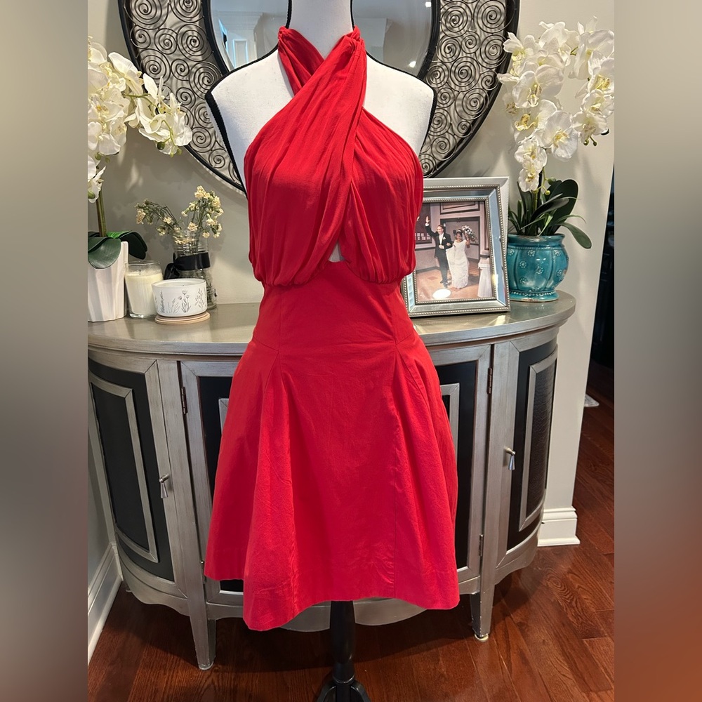 Anthropologie Red One-Shoulder Halter Fit-and-Flare Dress
